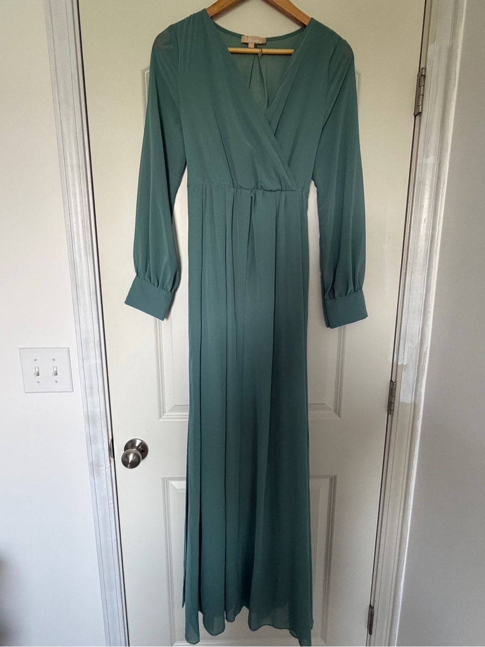 Long-Sleeve Wrap Maxi Dress in Teal Green